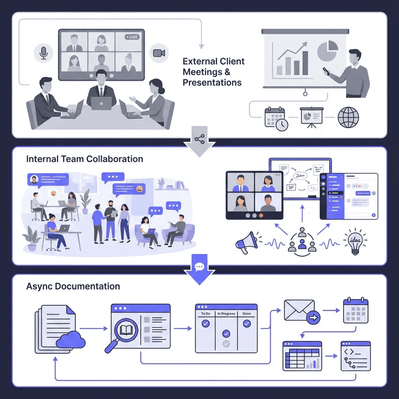 Three remote work modes — external client meetings, internal team collaboration, async documentation