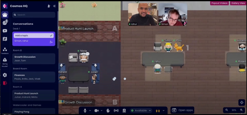 Cosmos Video spatial office with teammates visible in rooms and a popout video call on top