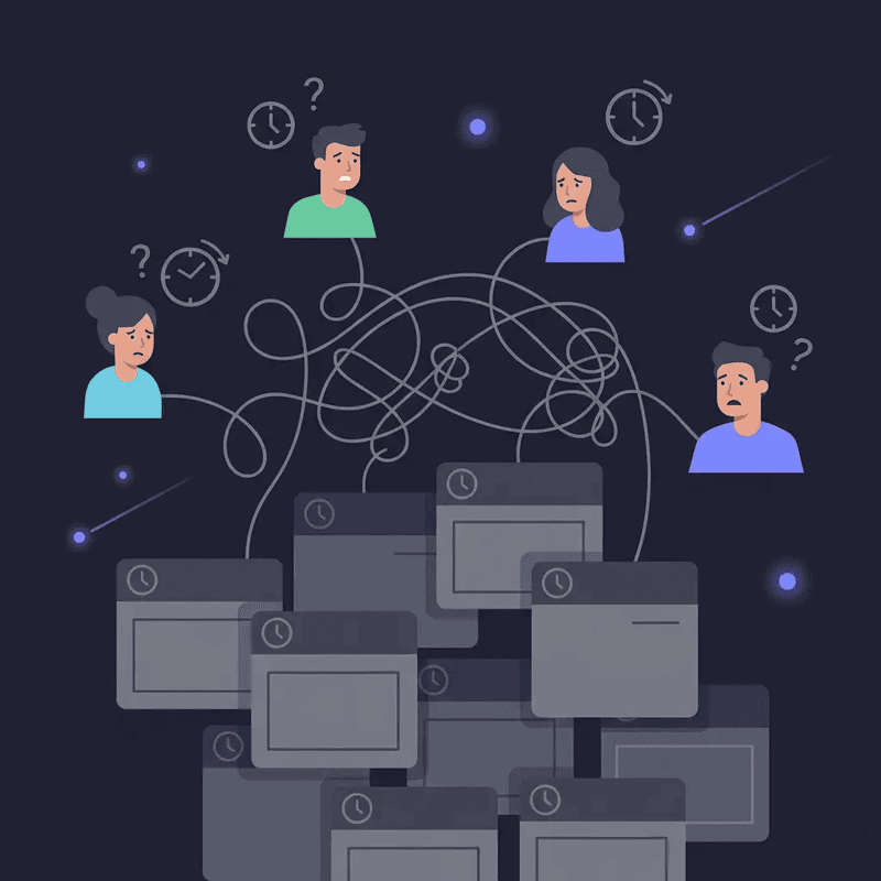 Illustration of distributed remote teammates tangled in messages and disconnected tools