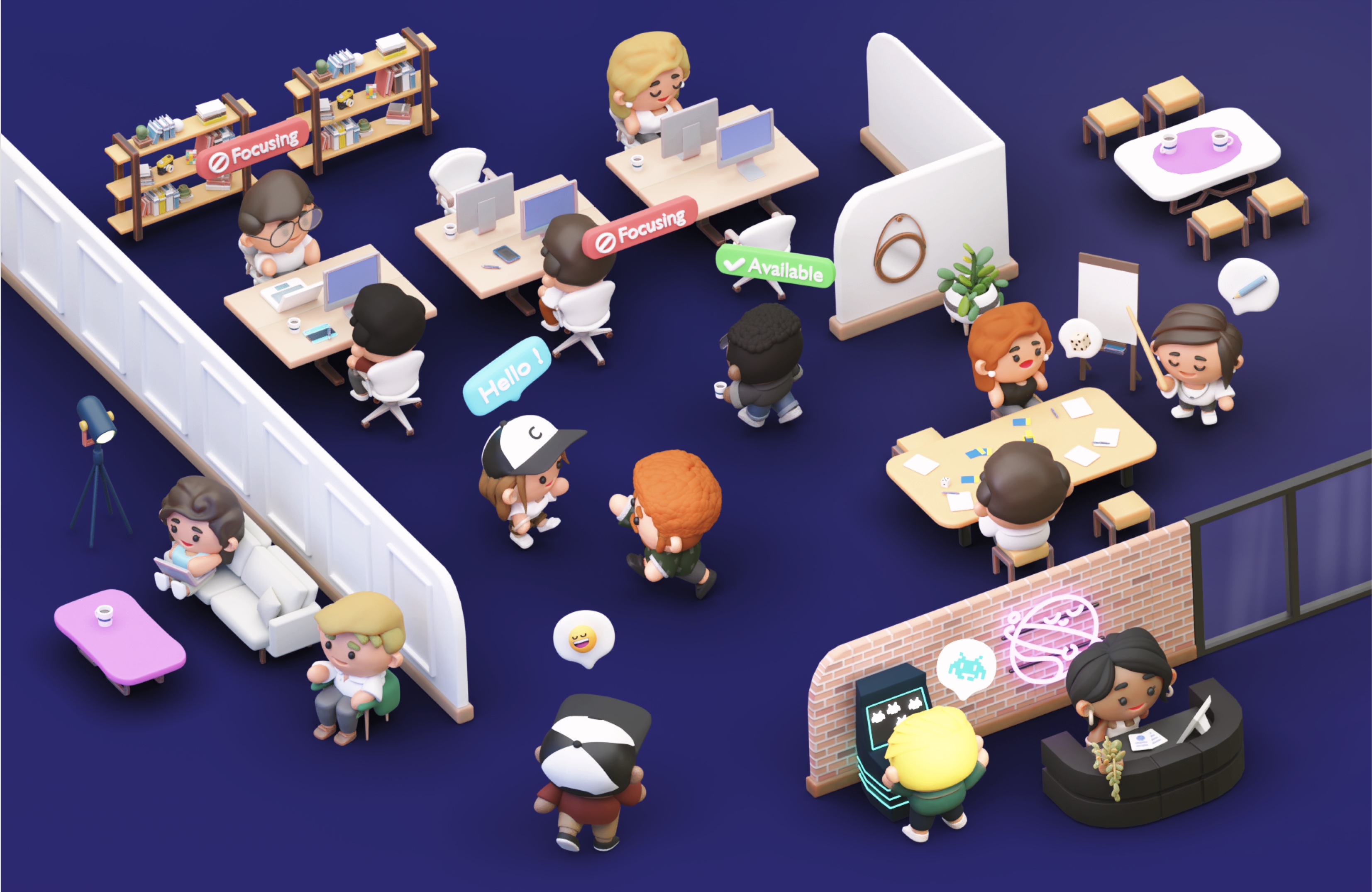 Second view of the isometric Cosmos Video virtual HQ with focusing and available teammates