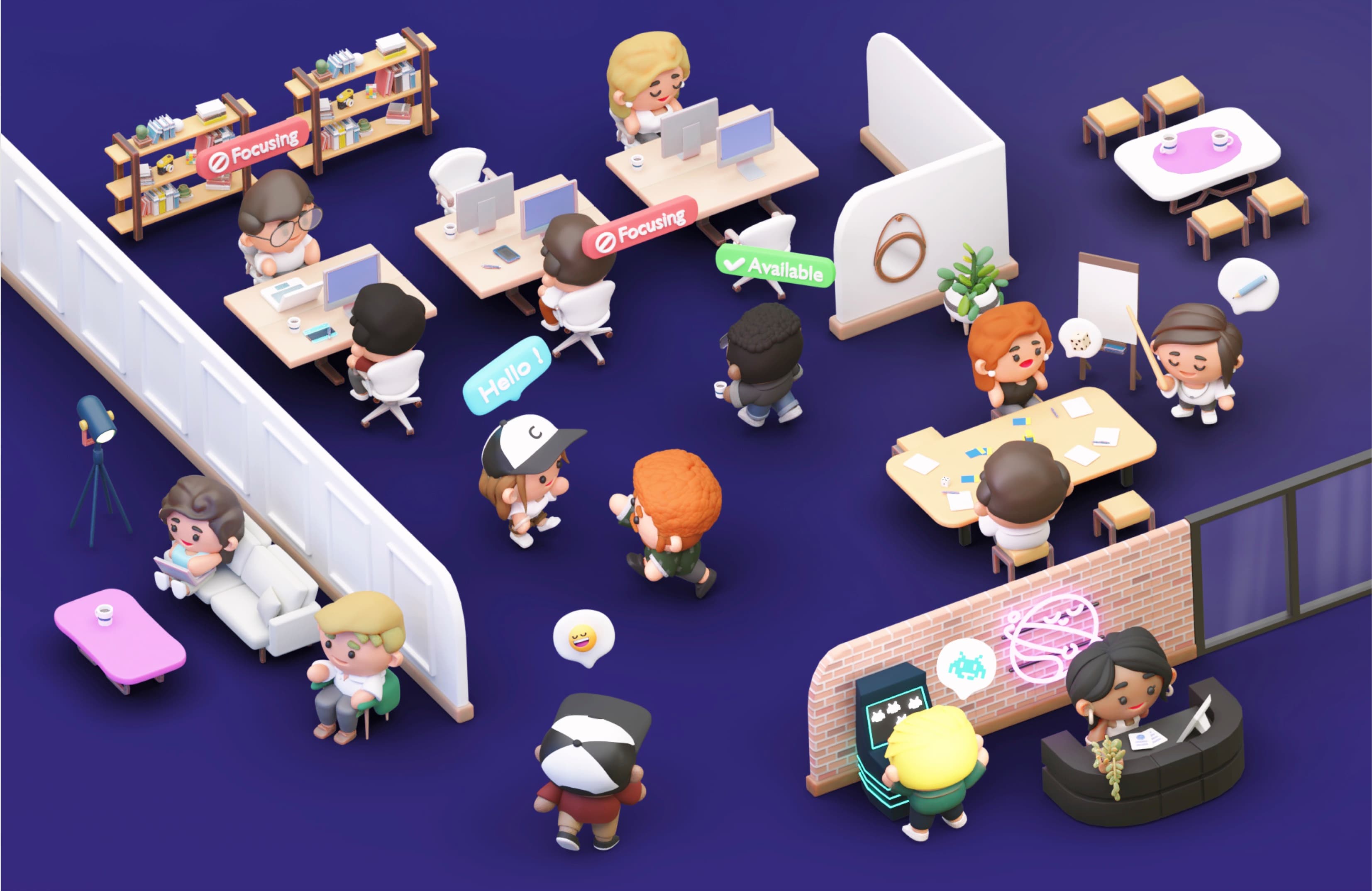 Isometric 3D Cosmos Video virtual office illustration with avatars at desks, meeting rooms, and a lounge